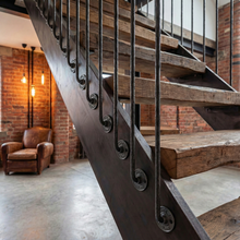 Load image into Gallery viewer, Industrial Hammered Steel Spindles | "Made in England" Cast Flange | Steampunk Loft Stair Railing | Side Mount Face Fix Balusters |