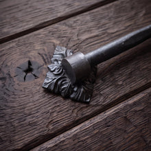Load image into Gallery viewer, Floral Square Stair Rods with Hammered Bar, close-up of the decorative bracket and bar