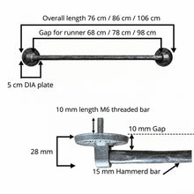 Load image into Gallery viewer, Hammered Stair Rods with Made in England Brackets, sizing diagram with rod lengths and bracket details
