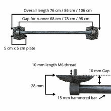 Load image into Gallery viewer, Ornate Square Stair Rods with Hammered Bar, sizing diagram with rod lengths and bracket details