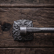 Load image into Gallery viewer, Ornate Square Stair Rods with Hammered Bar, decorative bracket and bar detail