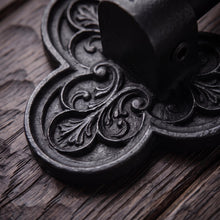 Load image into Gallery viewer, Tudor Trefoil Stair Rods with Hammered Bar, close-up of the decorative bracket and bar