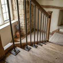 Load image into Gallery viewer, Square Leaf Iron Stair Spindles | Hidden Fix Tread Mount | Hand Forged Hammered Steel | French Gothic Stair Railing | Ornate Baluster