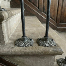 Load image into Gallery viewer, Jacobean Square Floral Spindles | Hand Forged Hammered Iron | Tudor Style Tread Mount Balusters | Stair Railing | Period Home Decor