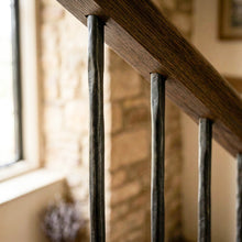 Load image into Gallery viewer, Square Leaf Iron Stair Spindles | Hidden Fix Tread Mount | Hand Forged Hammered Steel | French Gothic Stair Railing | Ornate Baluster
