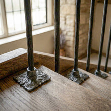 Load image into Gallery viewer, Square Leaf Iron Stair Spindles | Hidden Fix Tread Mount | Hand Forged Hammered Steel | French Gothic Stair Railing | Ornate Baluster