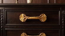 Load image into Gallery viewer, Lily Leaf Cabinet Handle – Aged Gold Finish, 110mm Centres
