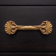 Load image into Gallery viewer, Lily Leaf Cabinet Handle – Aged Gold Finish, 110mm Centres