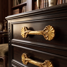 Load image into Gallery viewer, Lily Leaf Cabinet Handle – Aged Gold Finish, 110mm Centres