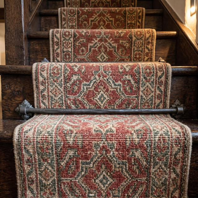 Floral Square Stair Rods with Hammered Bar, across a carpet runner on wooden stairs