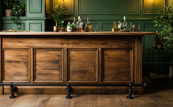 Black round bar foot rail with decorative floor and bar brackets fitted along a wooden panelled bar