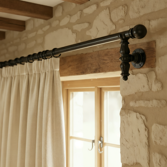 Black curtain pole with ball finial and ornate bracket holding cream curtains above a wooden window
