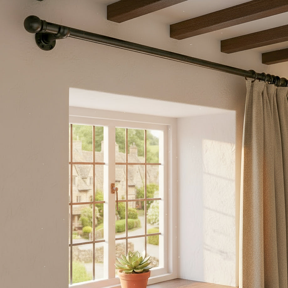 Black industrial metal curtain rail wrought iron wall mounted