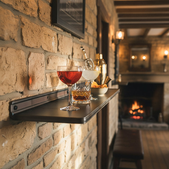 Industrial metal wall shelf holding drinks glasses against a brick wall
