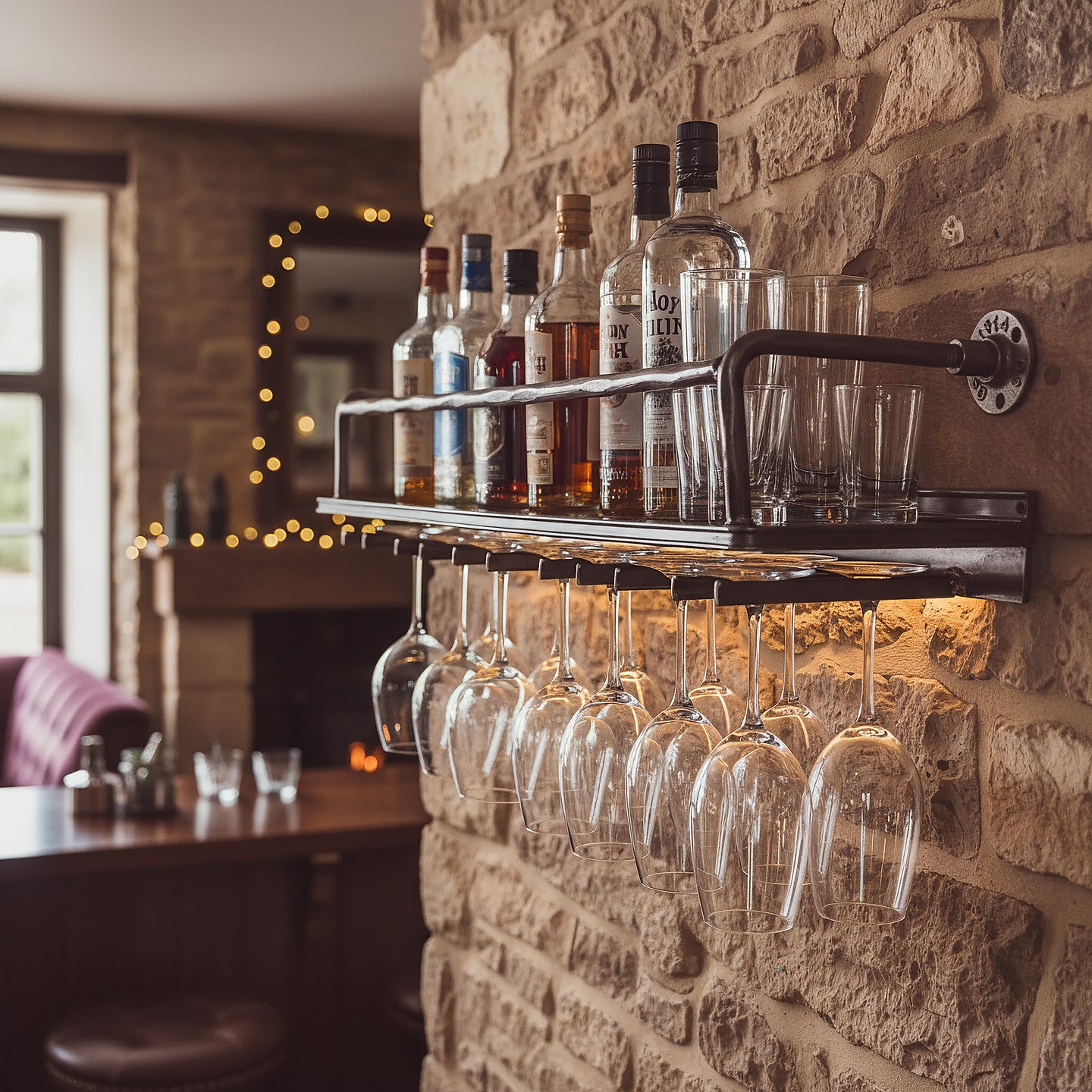 Industrial wine rack wall mounted with glass holders