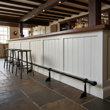 Load image into Gallery viewer, Industrial Foot Rail Black Wrought Iron Home Bar Foot Rail Kitchen Island Foot Rest Custom Foot Railing Metal Steel Cast Iron Bar Décor
