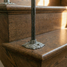 Load image into Gallery viewer, Jacobean Square Floral Spindles | Hand Forged Hammered Iron | Tudor Style Tread Mount Balusters | Stair Railing | Period Home Decor
