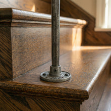 Load image into Gallery viewer, Industrial Hammered Steel Spindles | "Made in England" Cast Flange | Steampunk Loft Stair Railing | Tread Mounted Balustrade Spindles
