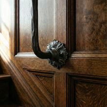 Load image into Gallery viewer, Floral Rosette Iron Spindles | Ornate Side Mount Balusters | Hand Forged Bark Texture | Gothic Face Fix Railing | Cottage Stair Decor
