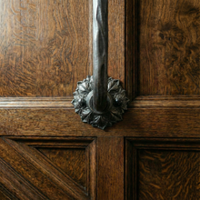 Load image into Gallery viewer, Floral Rosette Iron Spindles | Ornate Side Mount Balusters | Hand Forged Bark Texture | Gothic Face Fix Railing | Cottage Stair Decor
