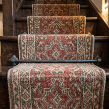 Load image into Gallery viewer, Floral Square Stair Rods with Hammered Bar, across a carpet runner on wooden stairs
