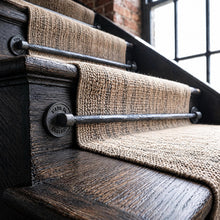 Load image into Gallery viewer, Hammered Stair Rods with Made in England Brackets, across a carpet runner on wooden stairs
