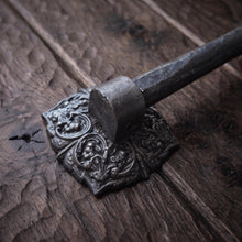 Load image into Gallery viewer, Ornate Square Stair Rods with Hammered Bar, decorative bracket and bar detail
