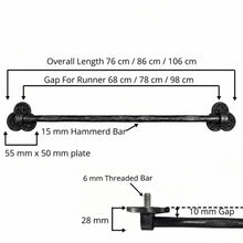 Load image into Gallery viewer, Tudor Trefoil Stair Rods with Hammered Bar, sizing diagram with rod lengths and bracket details
