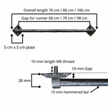 Load image into Gallery viewer, Floral Square Stair Rods with Hammered Bar, sizing diagram with rod lengths and bracket details
