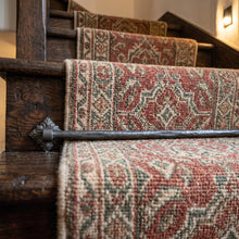 Load image into Gallery viewer, Floral Square Stair Rods with Hammered Bar, across a carpet runner on wooden stairs
