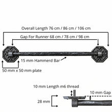 Load image into Gallery viewer, Gothic Botanical Stair Rods with Octagonal Plates, sizing diagram with rod lengths and bracket details

