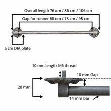 Load image into Gallery viewer, Floral Round Rosette Stair Rods, sizing diagram with rod lengths and bracket details
