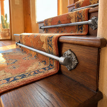 Load image into Gallery viewer, Floral Round Rosette Stair Rods, across a carpet runner on wooden stairs
