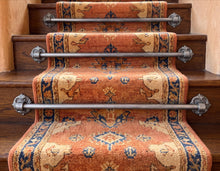 Load image into Gallery viewer, Floral Round Rosette Stair Rods, across a carpet runner on wooden stairs
