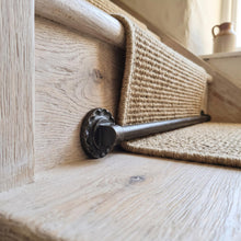 Load image into Gallery viewer, Scalloped Rosette Stair Rods, decorative bracket and bar detail
