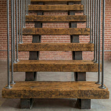Load image into Gallery viewer, Industrial Hammered Steel Spindles | "Made in England" Cast Flange | Steampunk Loft Stair Railing | Tread Mounted Balustrade Spindles
