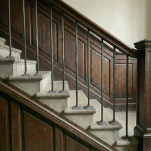 Load image into Gallery viewer, Jacobean Square Floral Spindles | Hand Forged Hammered Iron | Tudor Style Tread Mount Balusters | Stair Railing | Period Home Decor
