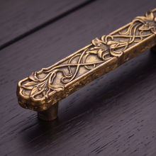 Load image into Gallery viewer, Floral Cabinet Handle – Aged Gold Finish, 110mm Centres
