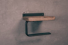 Load image into Gallery viewer, Industrial black Toilet roll holder &amp; wooden shelf
