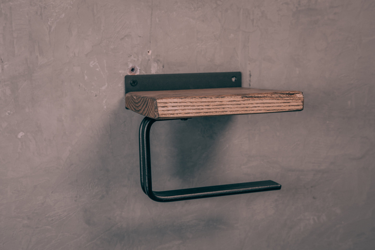 Industrial black Toilet roll holder & wooden shelf